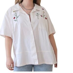 Dressbarn Linen Blend Shirt Embroidered Ladybugs Daisies White 16W Cottagecore